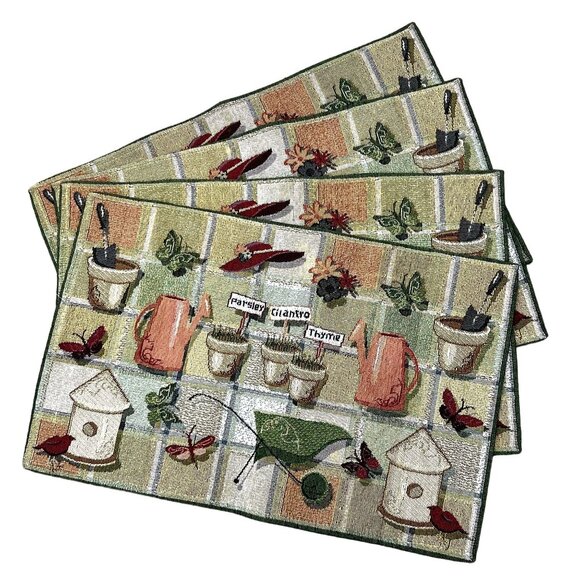Table Placemats Garden Spring Tapestry Set of 4 Green Gold 12" x 19" - Picture 1 of 9